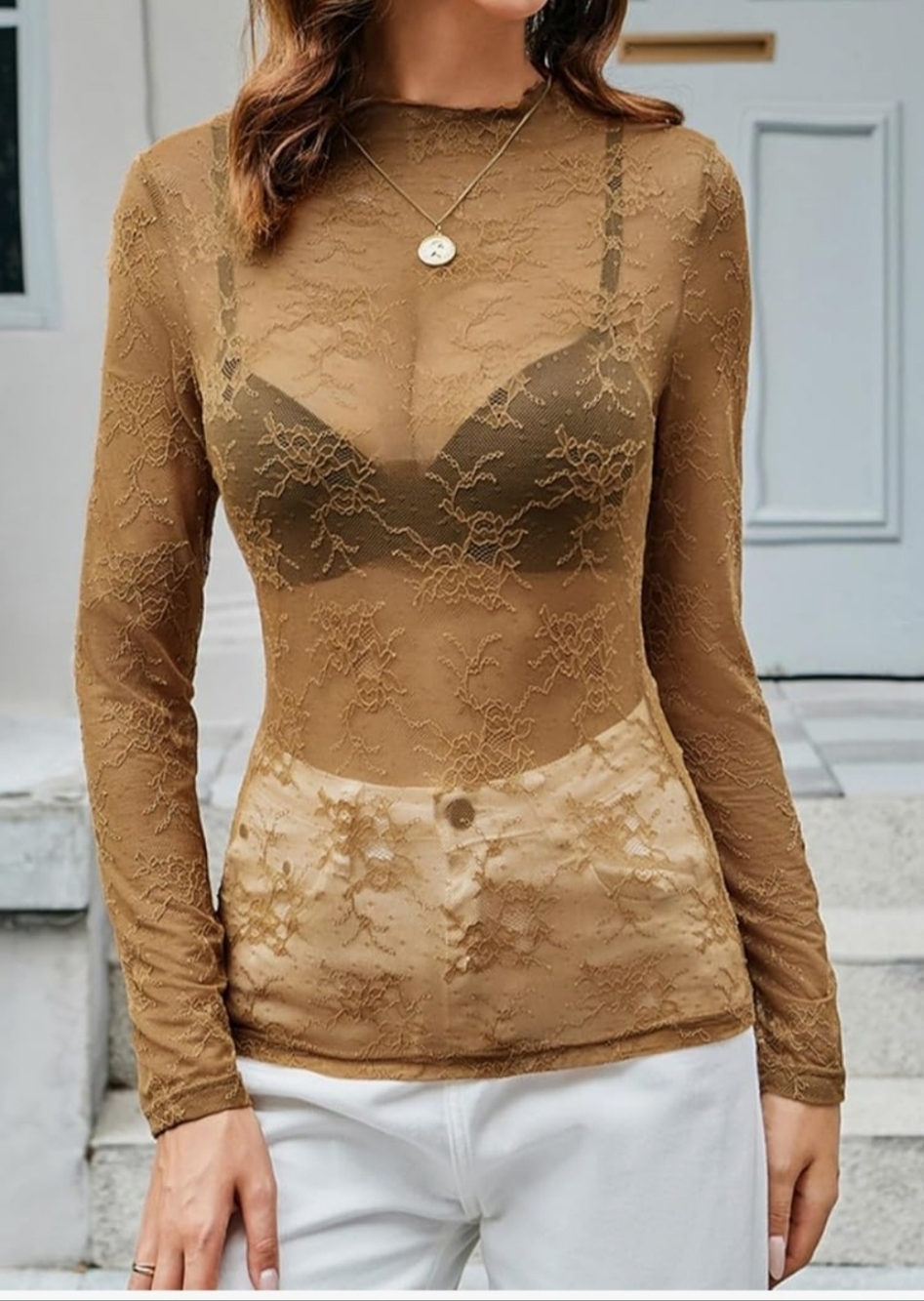 Sheer Floral Lace Long-Sleeve Top in Tan